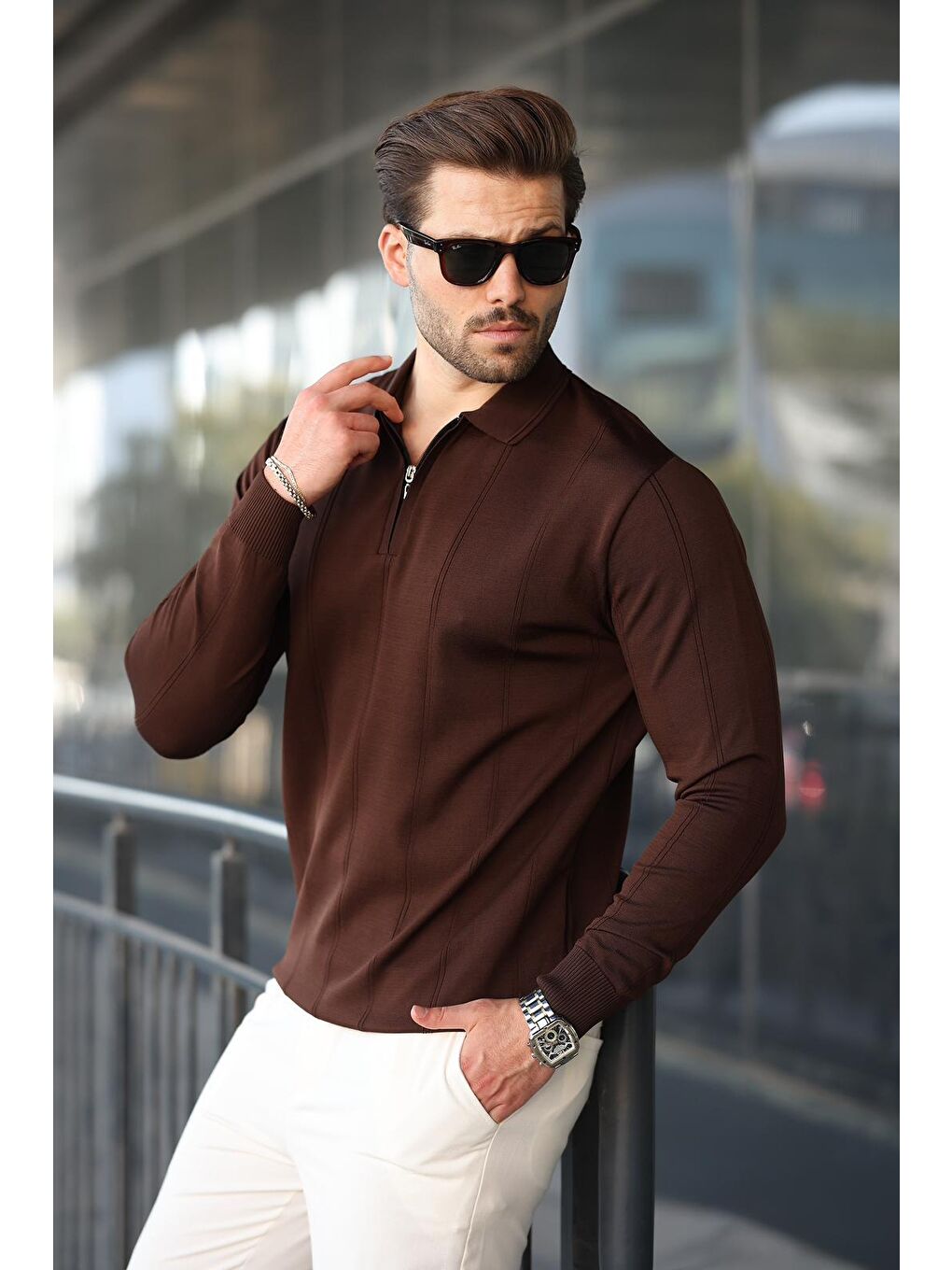 Kahverengi Polo Yaka Fermuarlı Erkek Kazak E7427-3