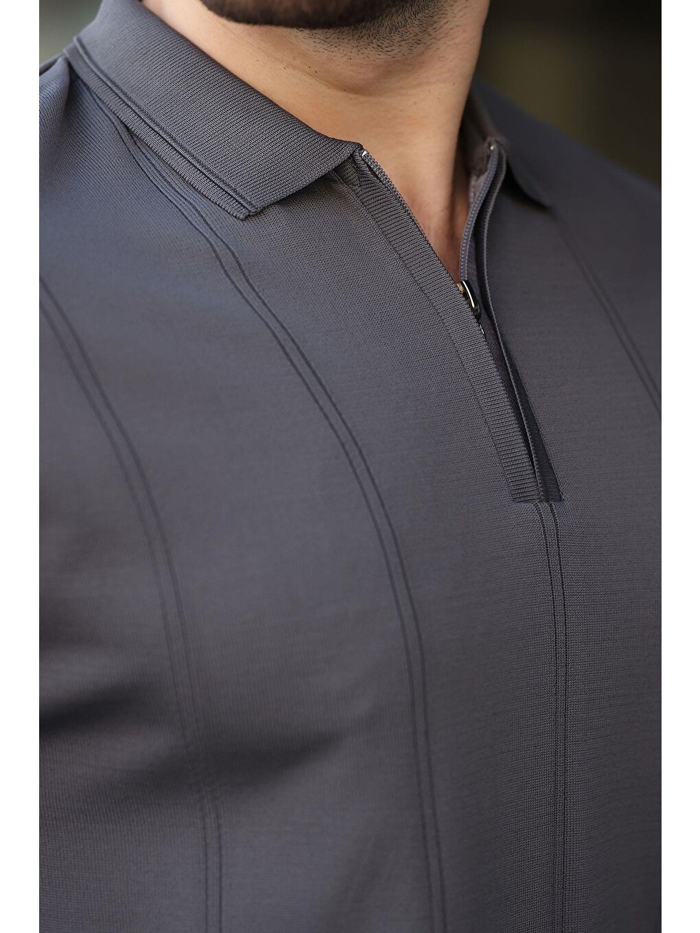 Antrasit Polo Yaka Fermuarlı Erkek Kazak E7427-2