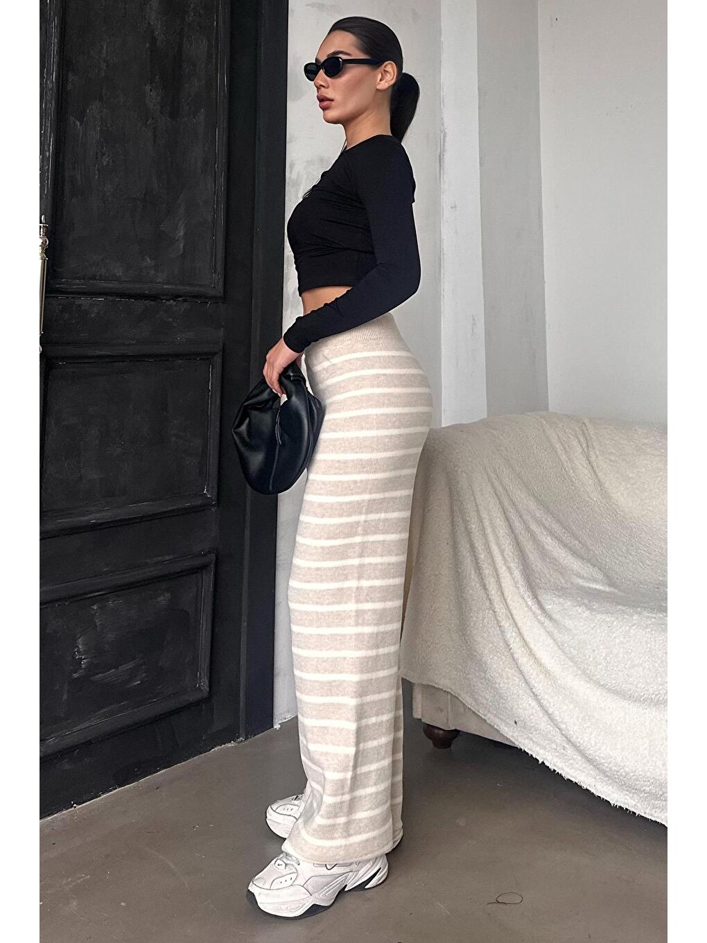 Bej Çizgili Kadın Triko Pantolon Mg2342-4