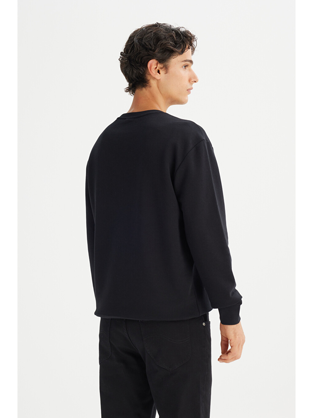 Siyah Pamuklu Regular Fit Bisiklet Yaka Sweatshirt-4