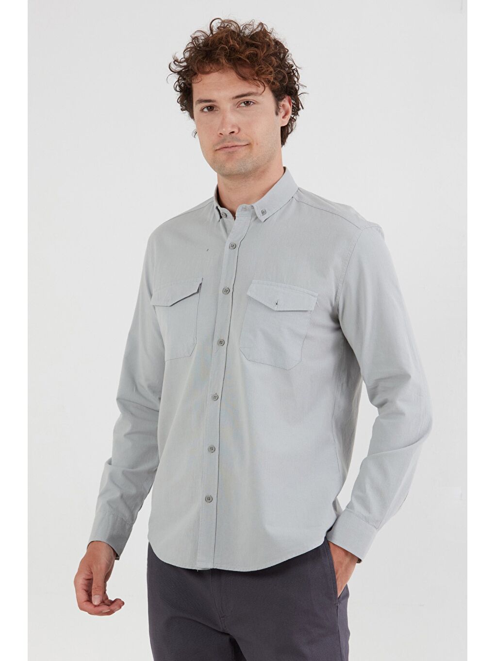 Gri Basic Çift Cepli %100 Pamuk Gömlek