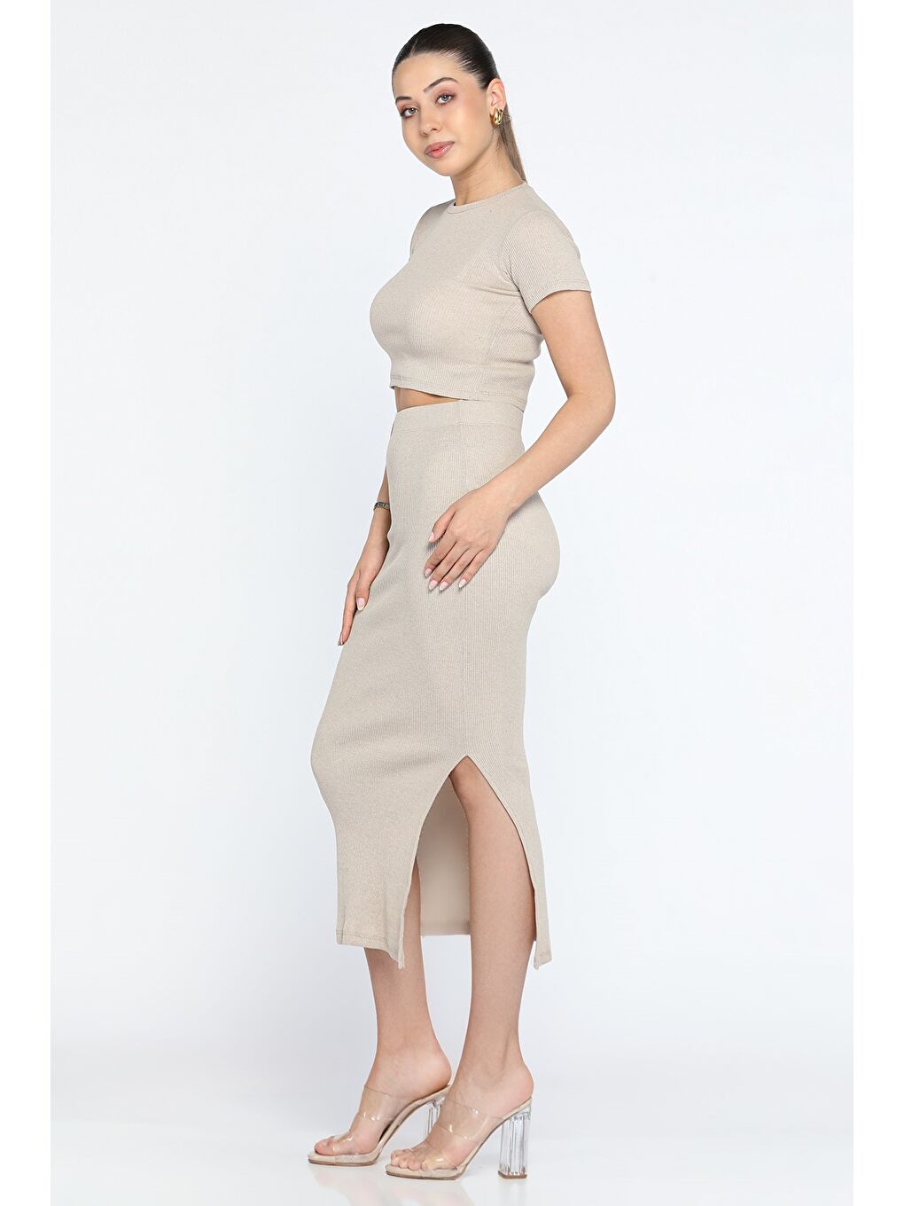 Bej Bisklet Yaka Midi Boy Elastanlı Yırtmaçlı Kaşkorse Kadın İkili Takım-1