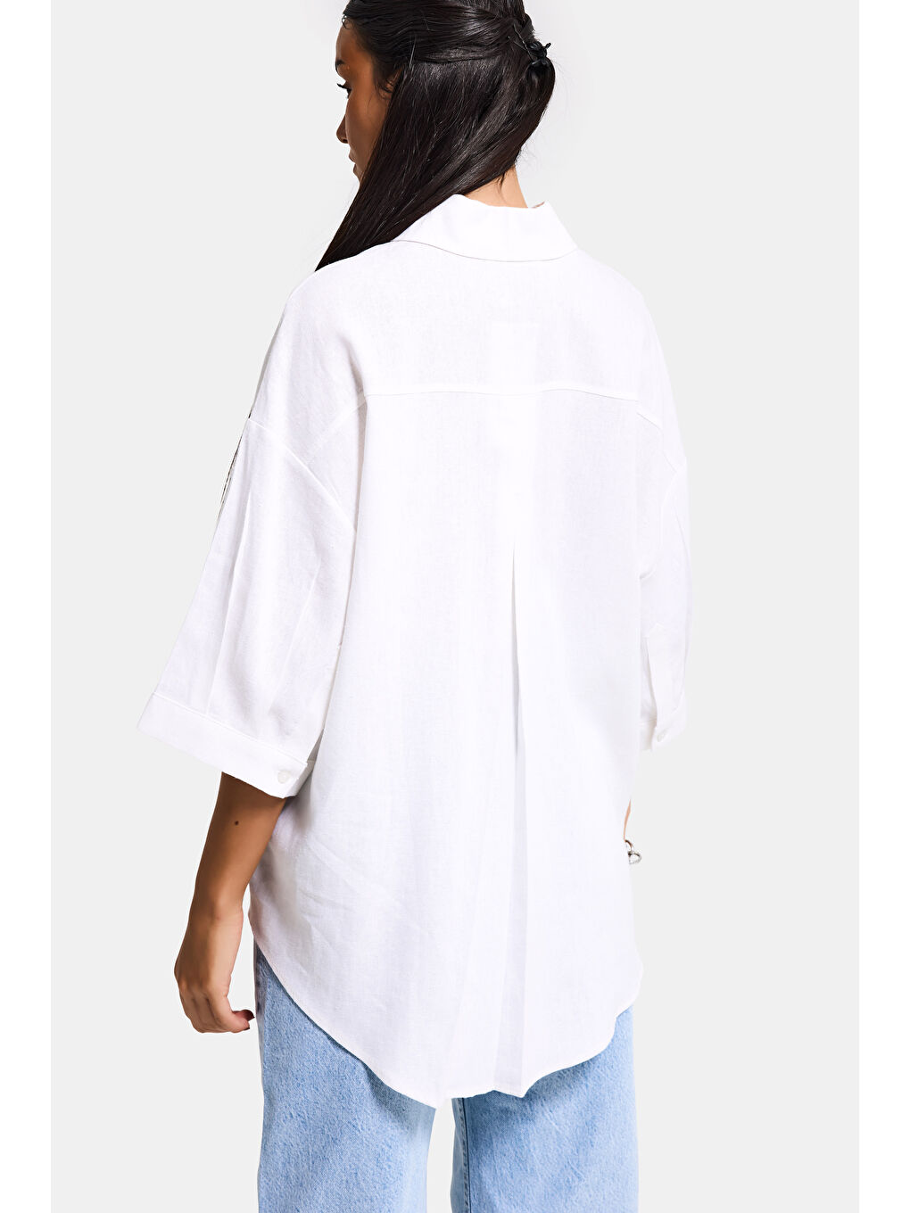 Kadın Beyaz Renk s6-2 %100 Pamuk Oversize Gömlek-3