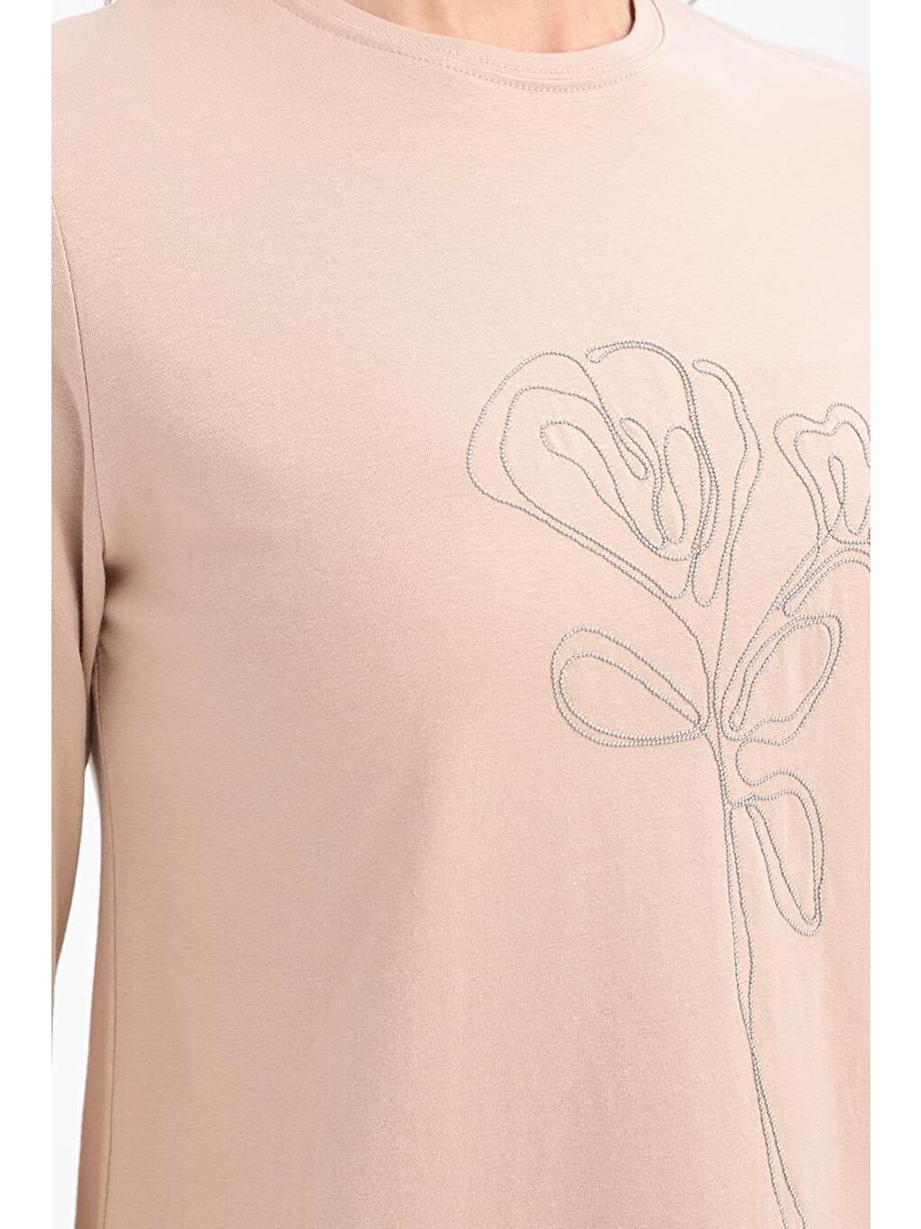 Bej Zincir Nakışlı Uzun Kollu Elastanlı T Shirt-2