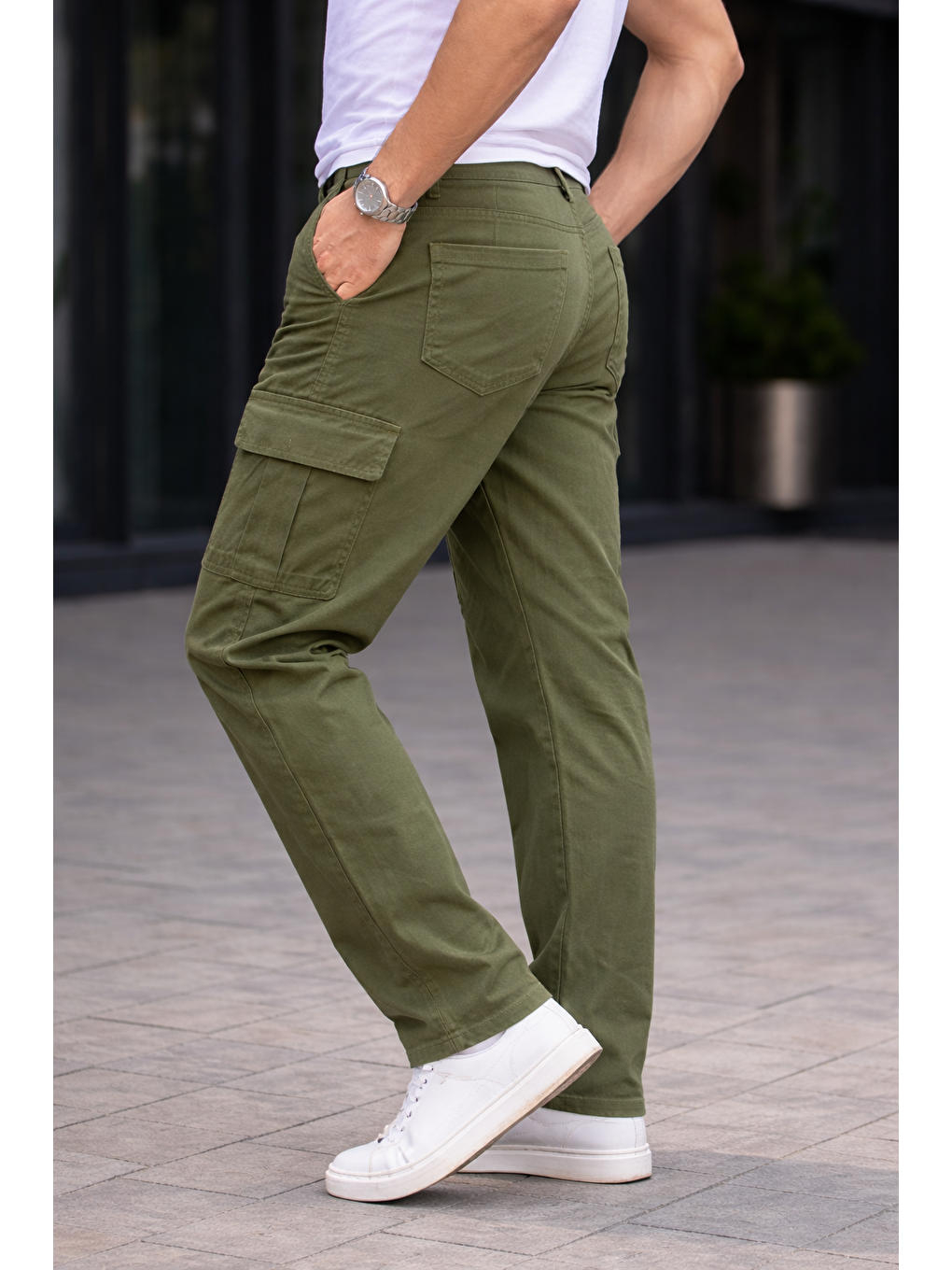 Erkek Trend Bol Paça Günlük Kargo Haki Baggy Pantolon-1