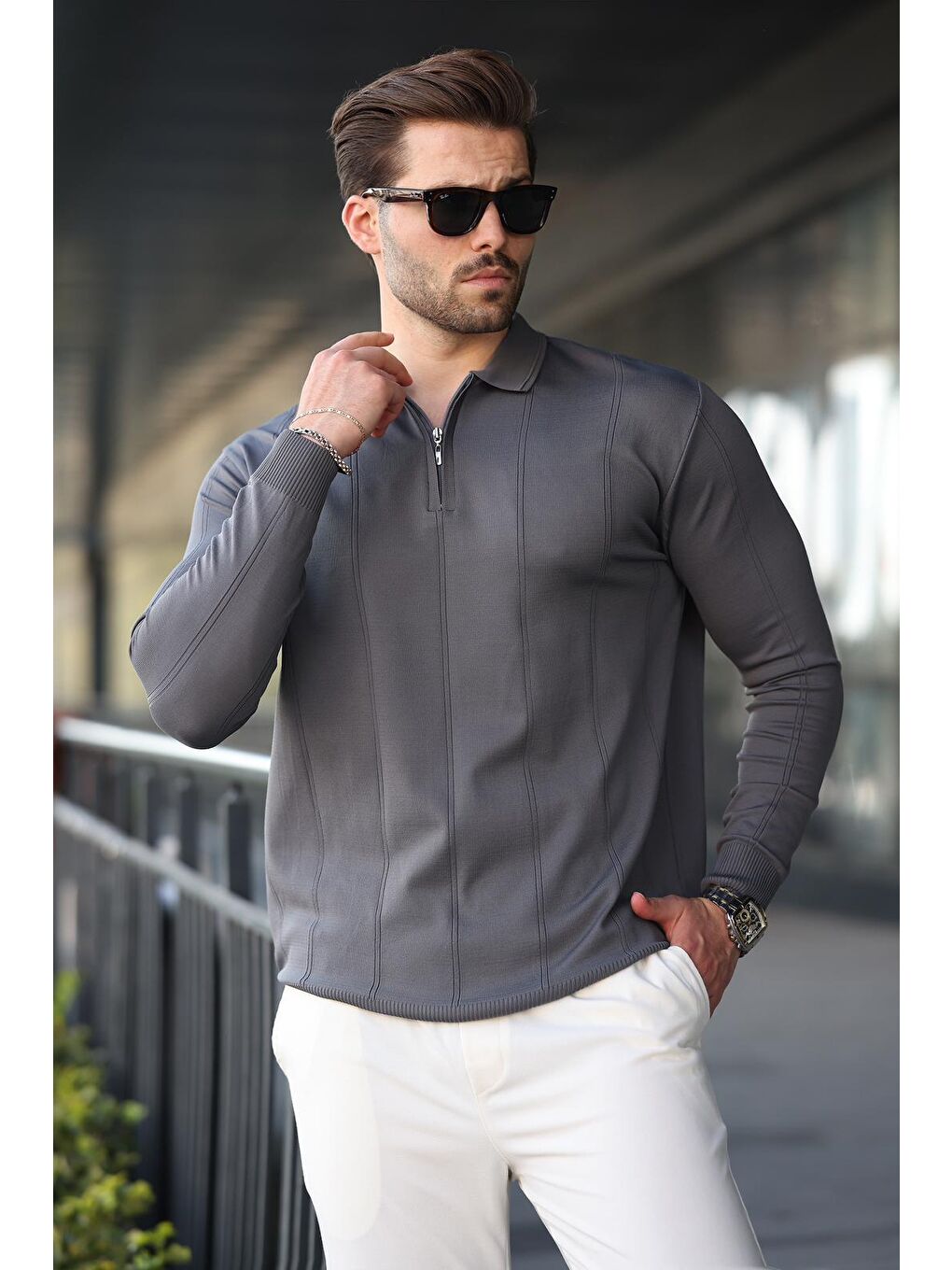 Antrasit Polo Yaka Fermuarlı Erkek Kazak E7427-3