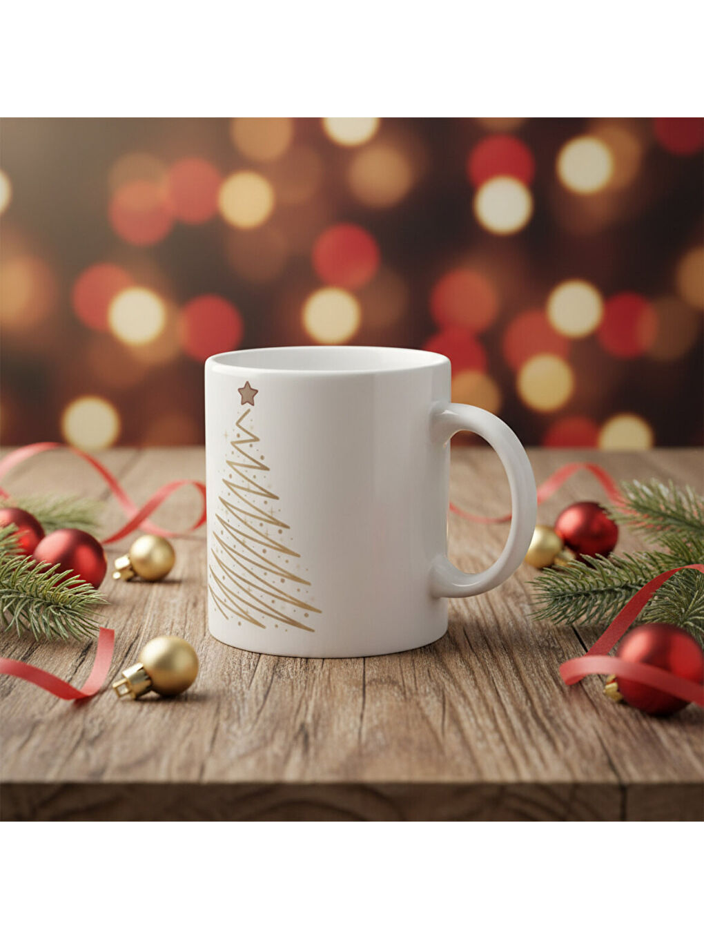 Ekru Yılbaşı Ağaçlı ve Takvimli  Mug Bardak 6836-1