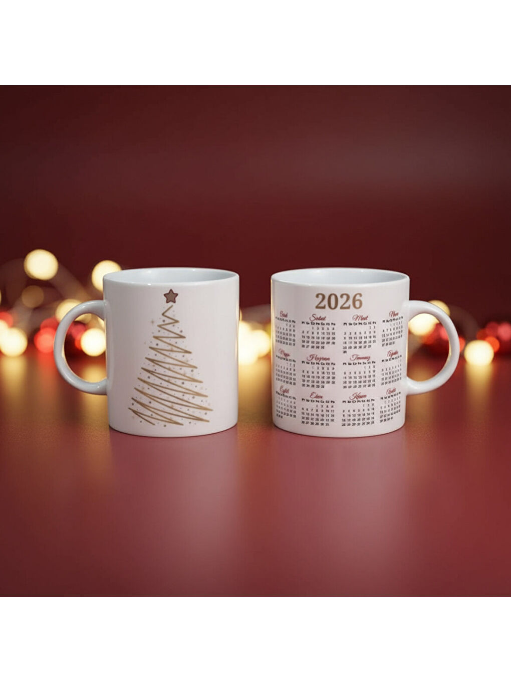 Ekru Yılbaşı Ağaçlı ve Takvimli  Mug Bardak 6836-2