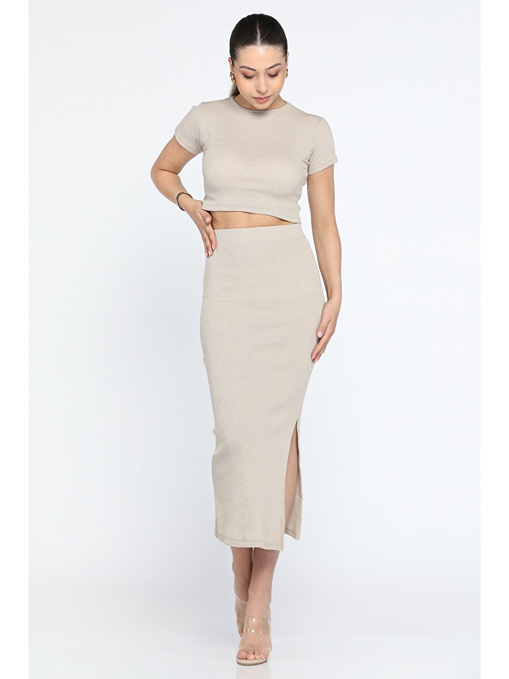 Bej Bisklet Yaka Midi Boy Elastanlı Yırtmaçlı Kaşkorse Kadın İkili Takım-2