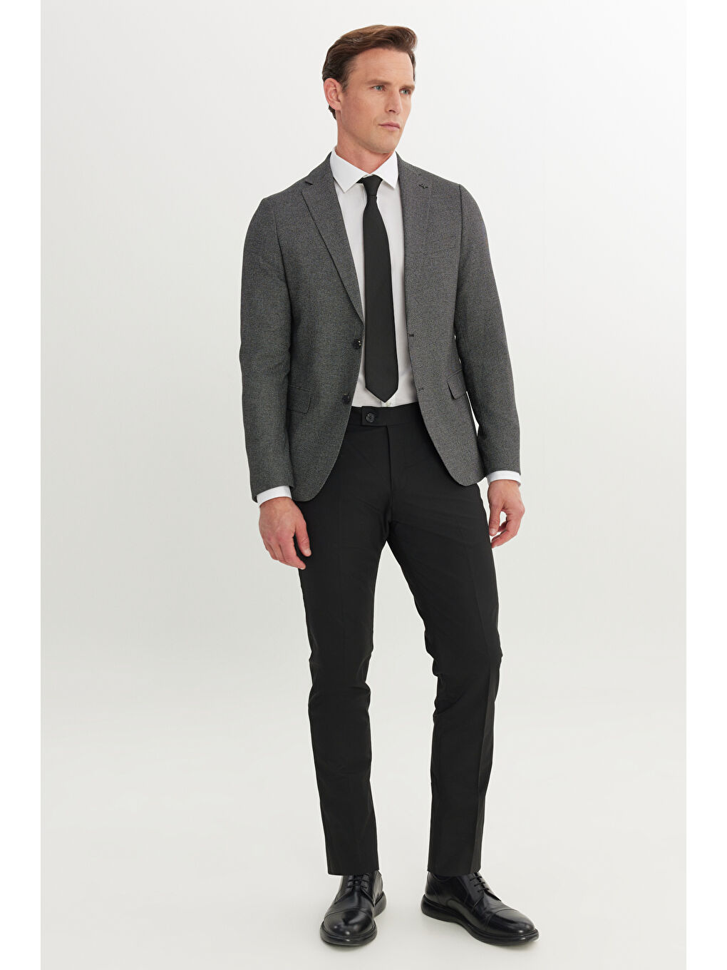 Erkek Siyah-Gri Slim Fit Dar Kesim Mono Yaka Çift Pantolonlu Takım Elbise-1