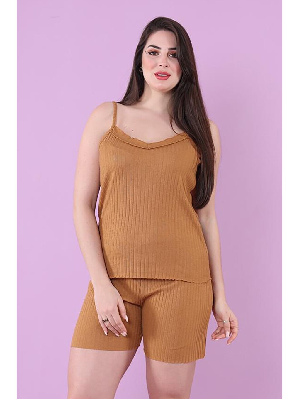 Bej Fitilli İp Askılı Şortlu Pijama Takımı