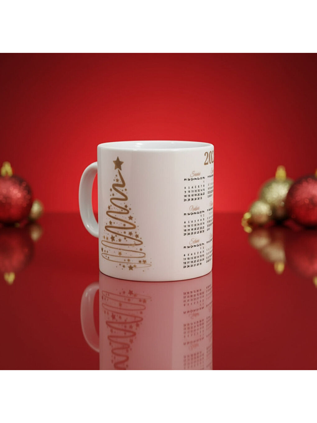 Ekru Yılbaşı Ağaçlı ve Takvimli  Mug Bardak 6836-3