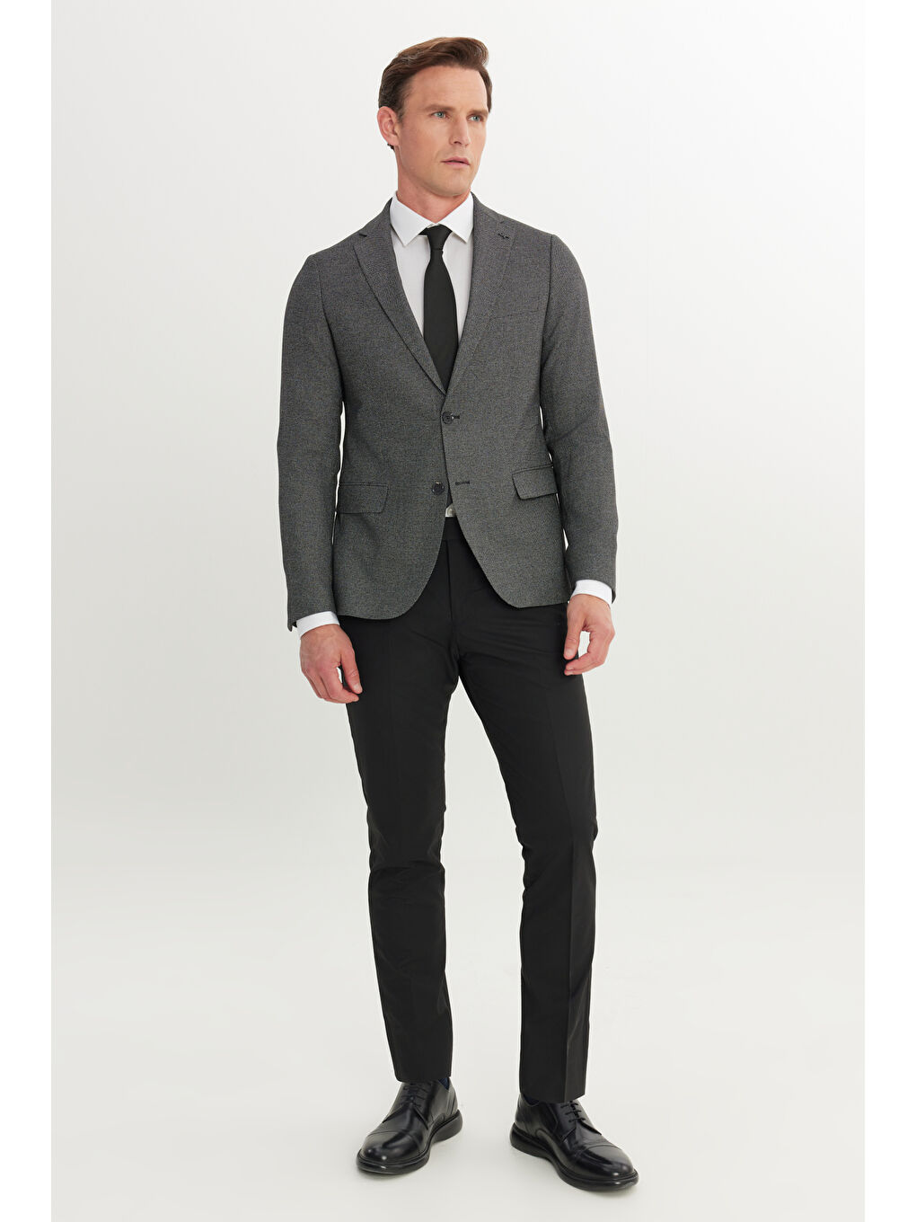 Erkek Siyah-Gri Slim Fit Dar Kesim Mono Yaka Çift Pantolonlu Takım Elbise-2