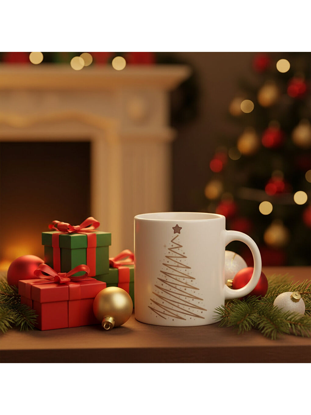 Ekru Yılbaşı Ağaçlı ve Takvimli  Mug Bardak 6836-4