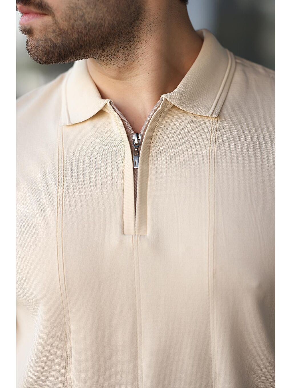 Bej Taş Rengi Polo Yaka Fermuarlı Erkek Kazak E7427-2