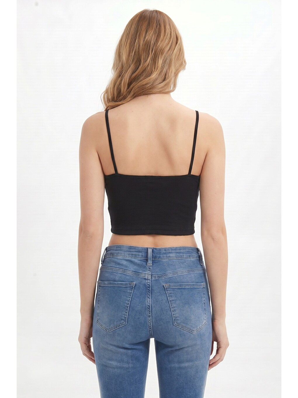 Kadın Slim Fit Dar Kesim Pamuklu İnce Askılı Siyah Crop Atlet-5