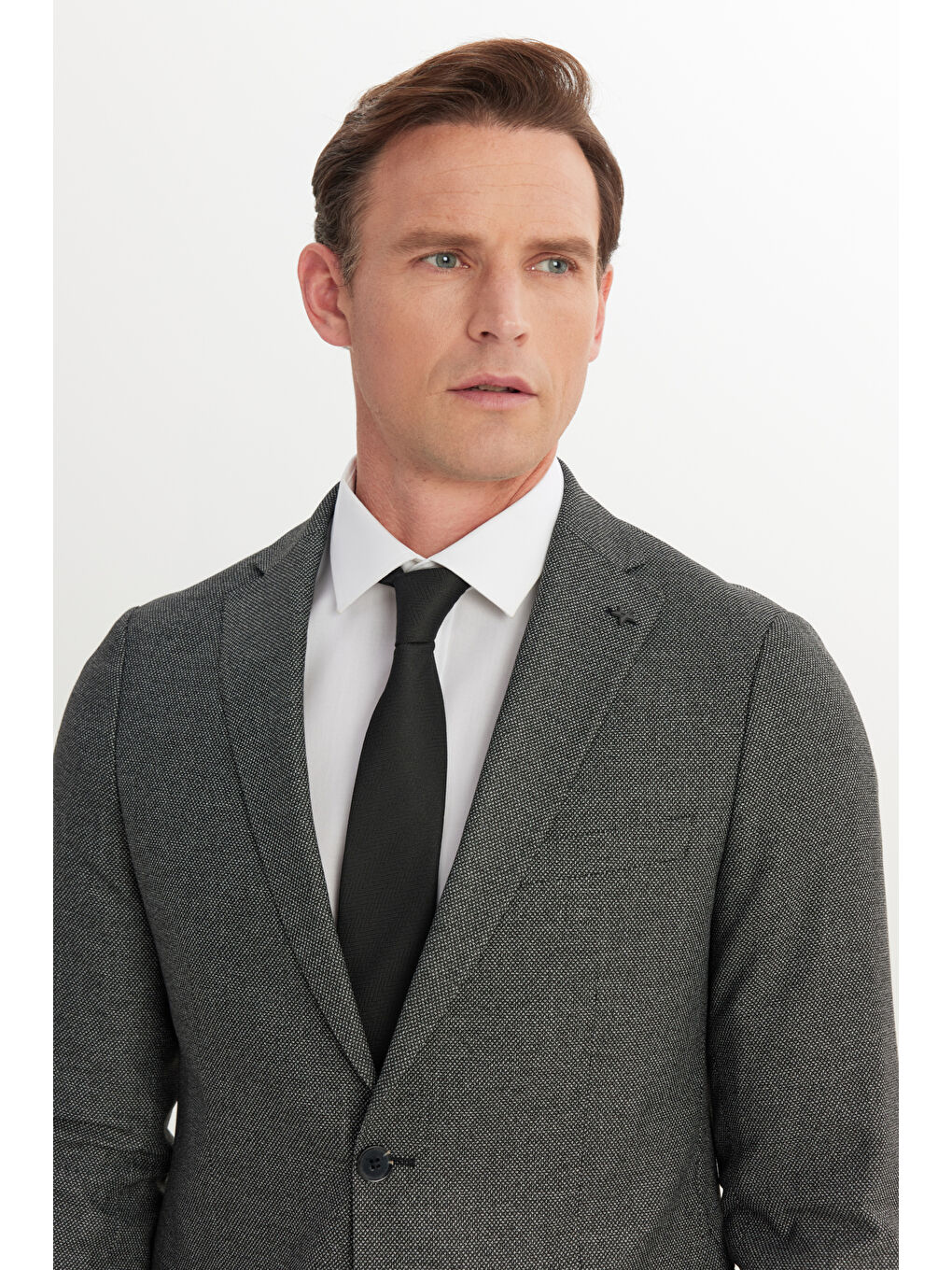 Erkek Siyah-Gri Slim Fit Dar Kesim Mono Yaka Çift Pantolonlu Takım Elbise-3