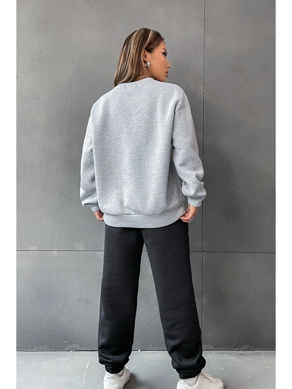 Unisex Gri Siyah Bisiklet Yaka Brooklyn Baskılı Alt-Üst Eşofman Takımı-2