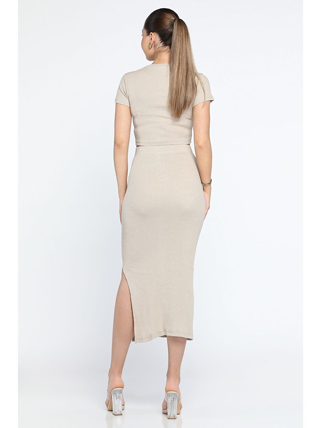 Bej Bisklet Yaka Midi Boy Elastanlı Yırtmaçlı Kaşkorse Kadın İkili Takım-3