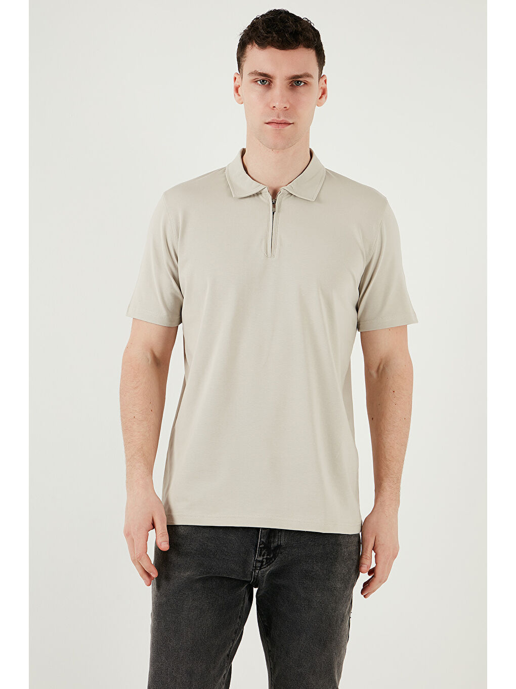 Bej Pamuklu Regular Fit Yarım Fermuarlı Erkek Polo Yaka Tişört 5902972-3