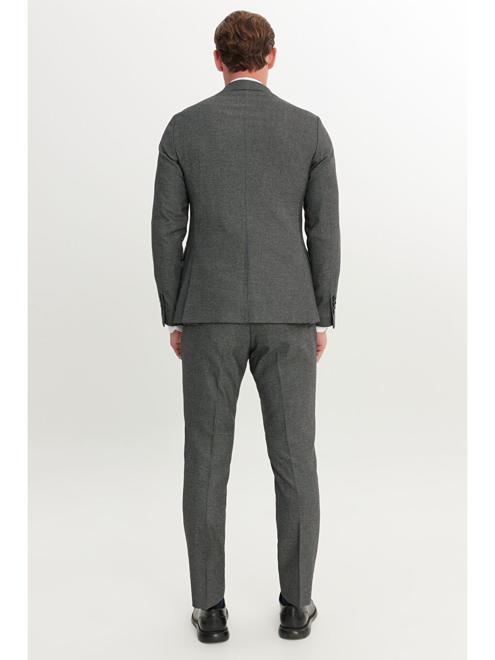 Erkek Siyah-Gri Slim Fit Dar Kesim Mono Yaka Çift Pantolonlu Takım Elbise-7