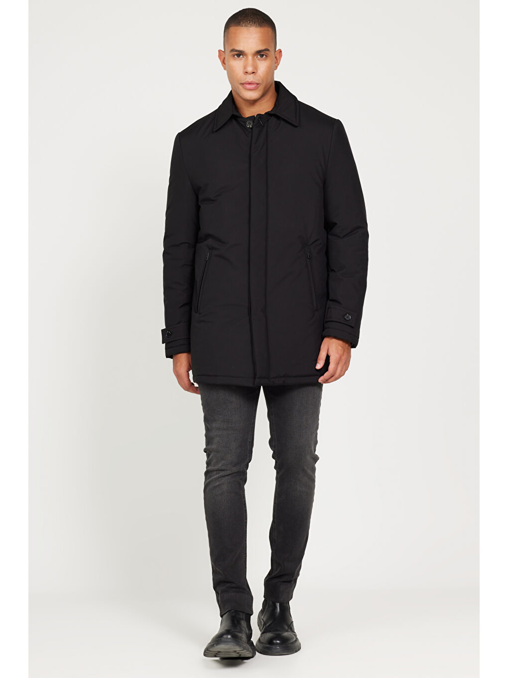 Erkek Siyah Standart Fit Normal Kesim Gömlek Yaka Kaban-2