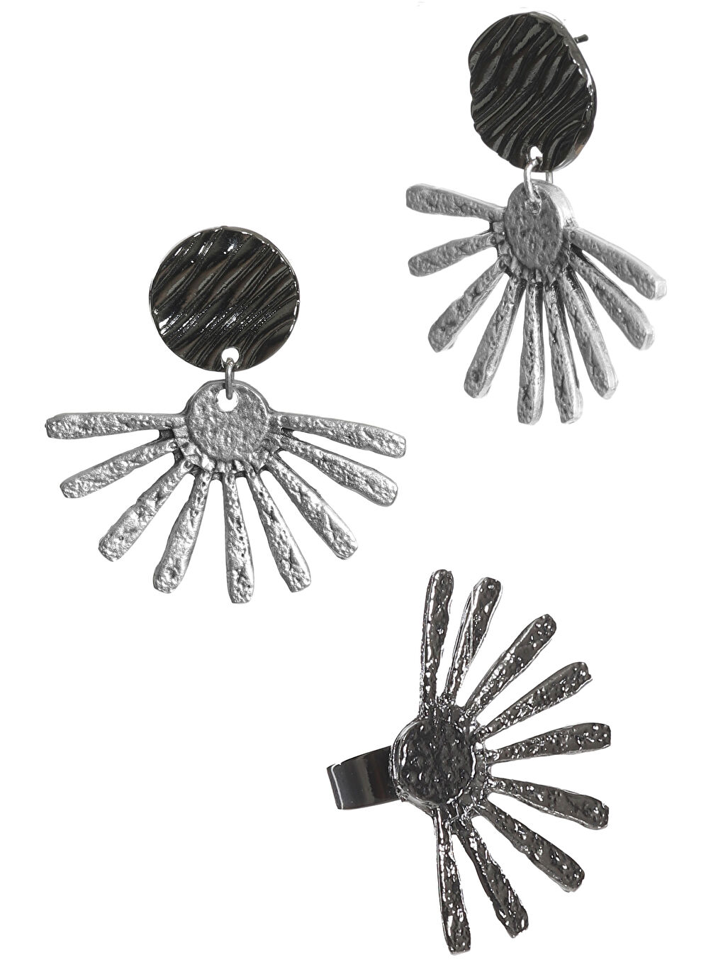 Antrasit Kadın Çivili Model Güneş Küpe & Yüzük Seti