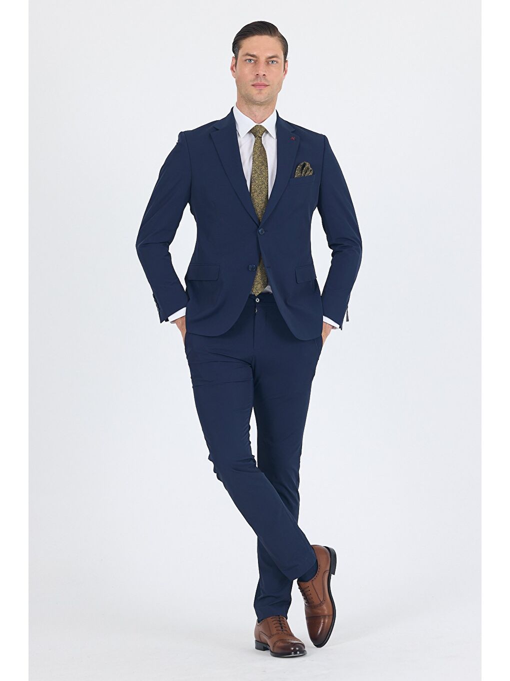 Lacivert Mono Yaka Yarım Astar 6 Drop Slim Fit Beli Lastikli Takım Elbise 1001250121