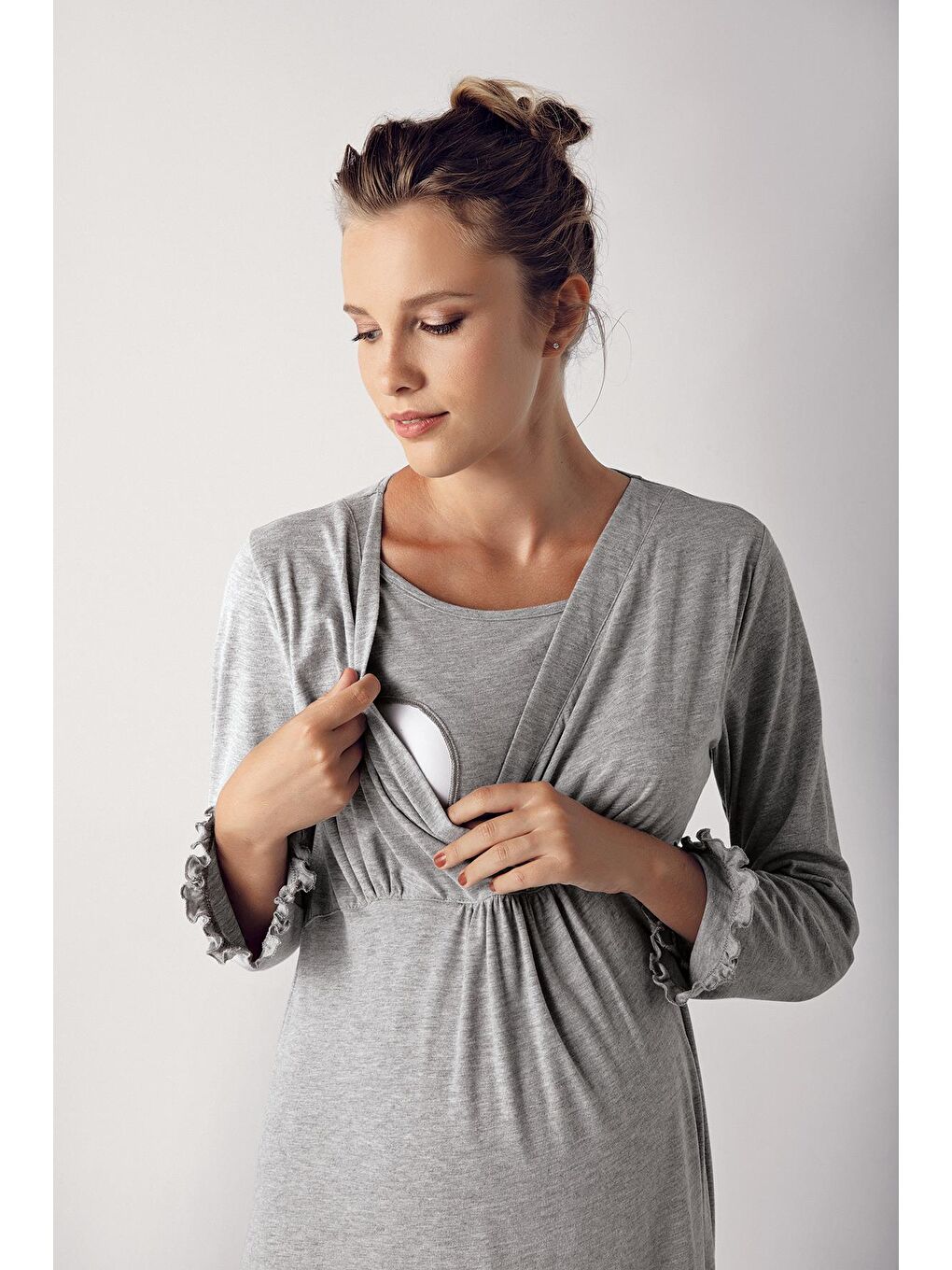 Gri Kadın Uzun Kollu Esnek Pamuk Kumaş Hamile Gecelik 13112-1