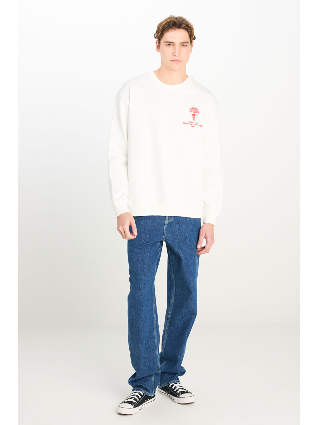 Loose Fit Rahat Kesim Bisiklet Yaka Beyaz Sweatshirt-2