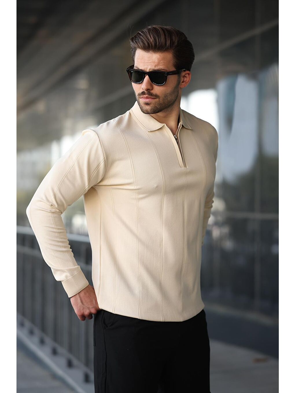 Bej Taş Rengi Polo Yaka Fermuarlı Erkek Kazak E7427-3