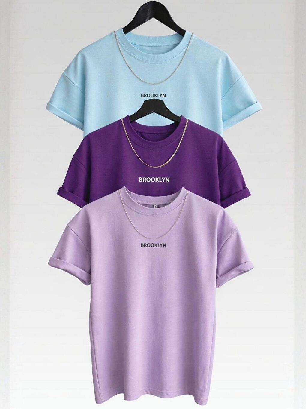 Karışık 3Lü Brooklyn Baskılı Tişört BebeMavi Mor Lila