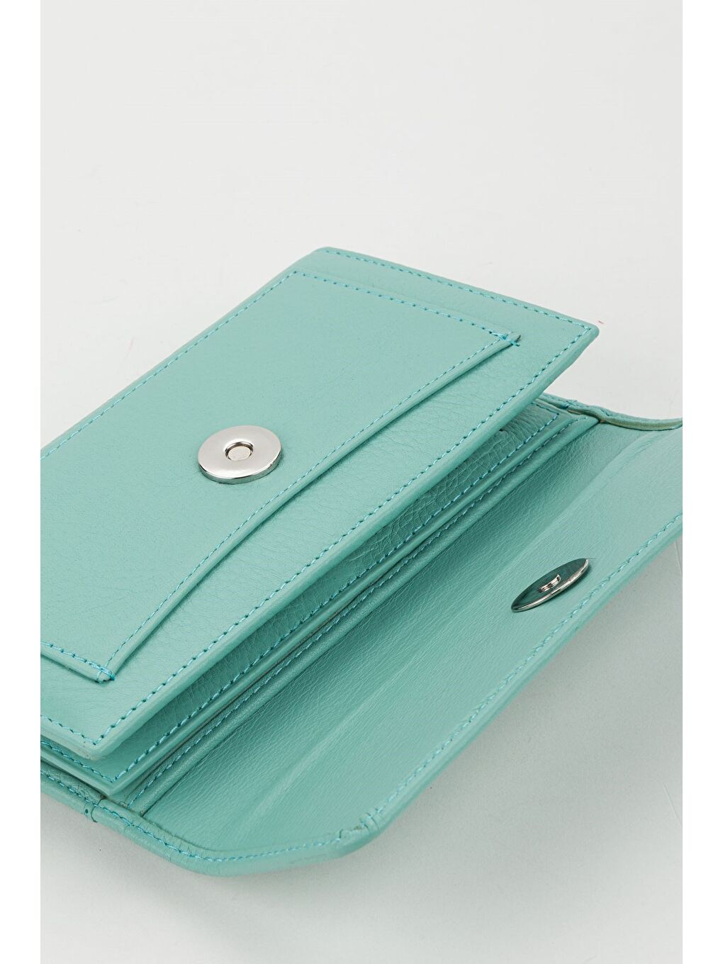 Turkuaz Kutulu Hakiki Deri Mavi Orta Boy Çok Gözlü Kadın El Portföyü Kartlık Cüzdan-4