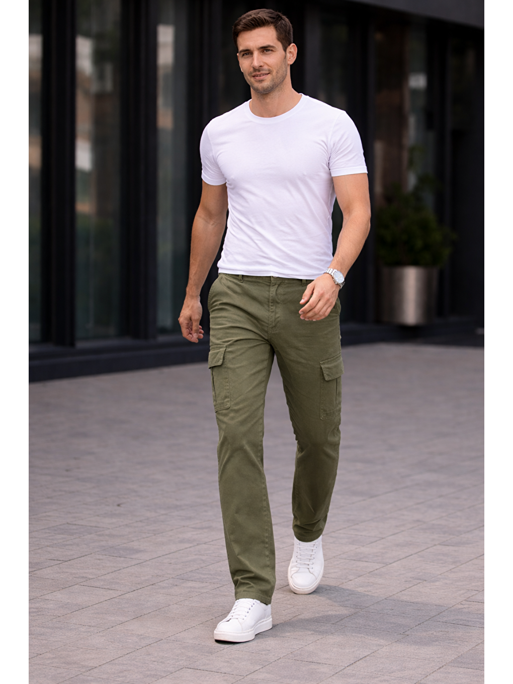 Erkek Trend Bol Paça Günlük Kargo Haki Baggy Pantolon-3