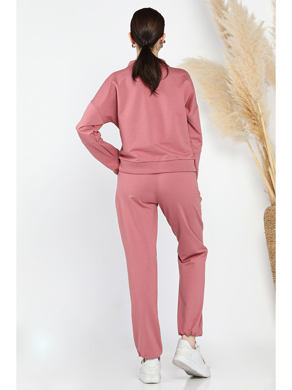 Pembe Kadın Dik Yaka Yarım Fermuarlı Sweat Pantolon Eşofman Takımı-2