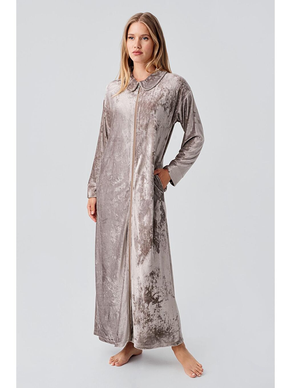 Bej Uzun Kollu Fermuarlı Cepli Esnek Viskoz Kadife Elbise-1