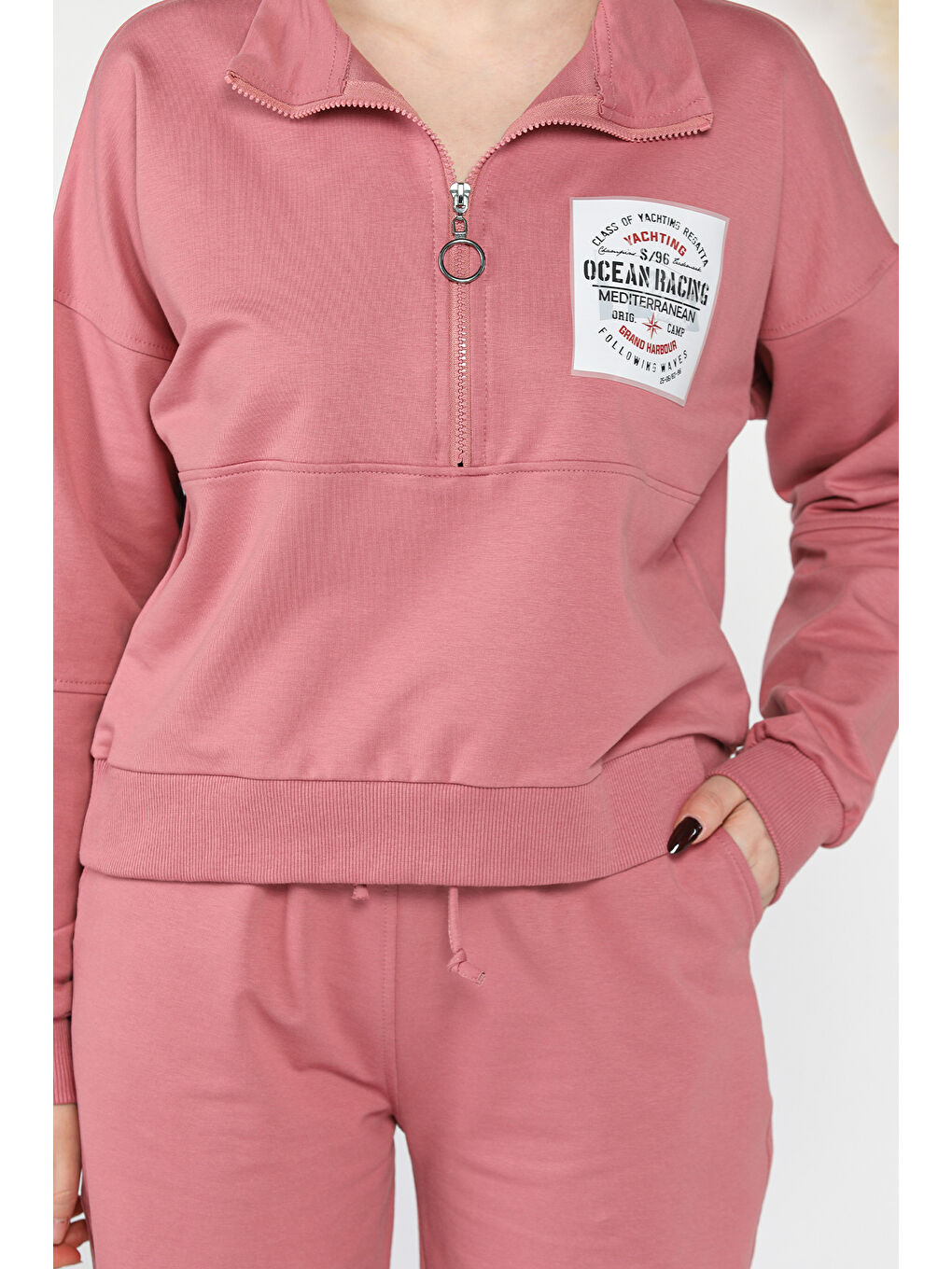 Pembe Kadın Dik Yaka Yarım Fermuarlı Sweat Pantolon Eşofman Takımı-3