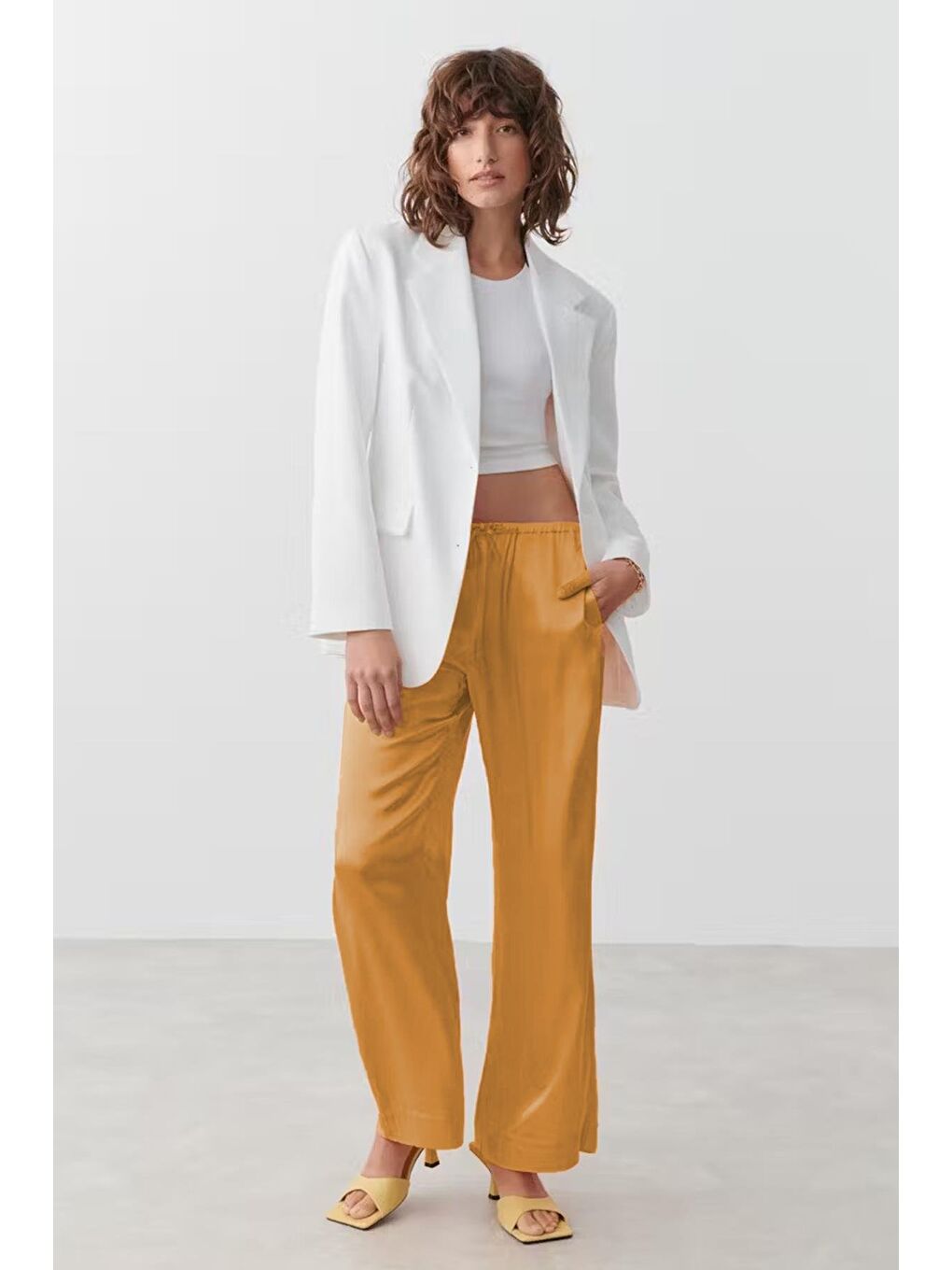 Turuncu Beli Büzgülü Saten Bol Paça Kadın Pantolon Mg2019-1