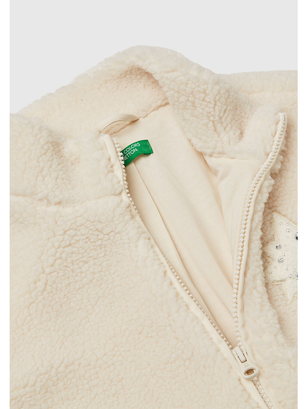 Kız Çocuk Ekru Aplikeli Astarlı Ribanalı Fermuarlı Pelüş Ceket-2