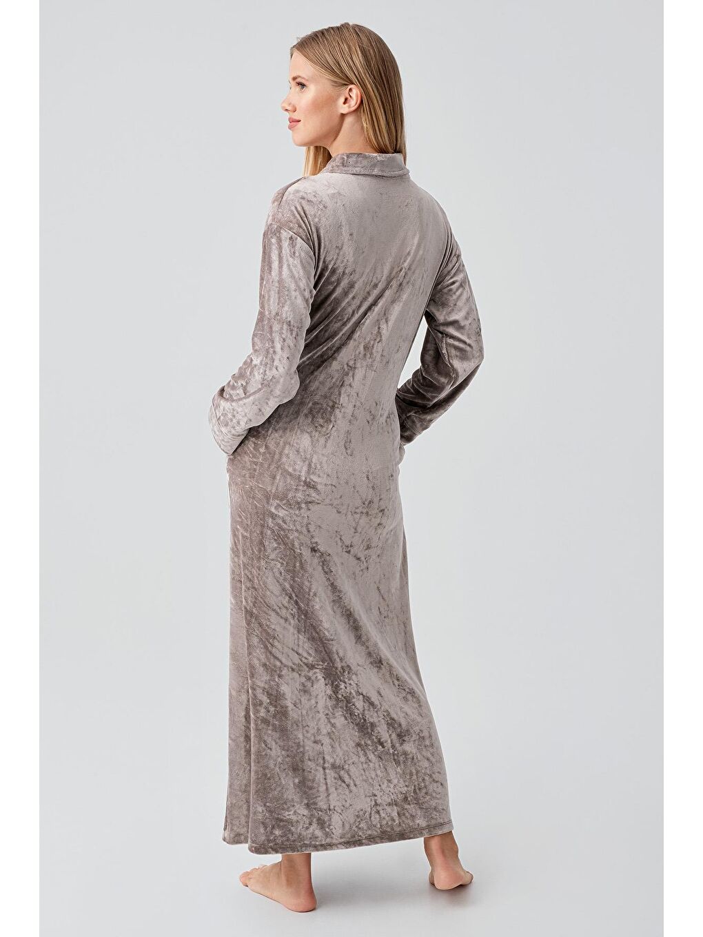 Bej Uzun Kollu Fermuarlı Cepli Esnek Viskoz Kadife Elbise-2