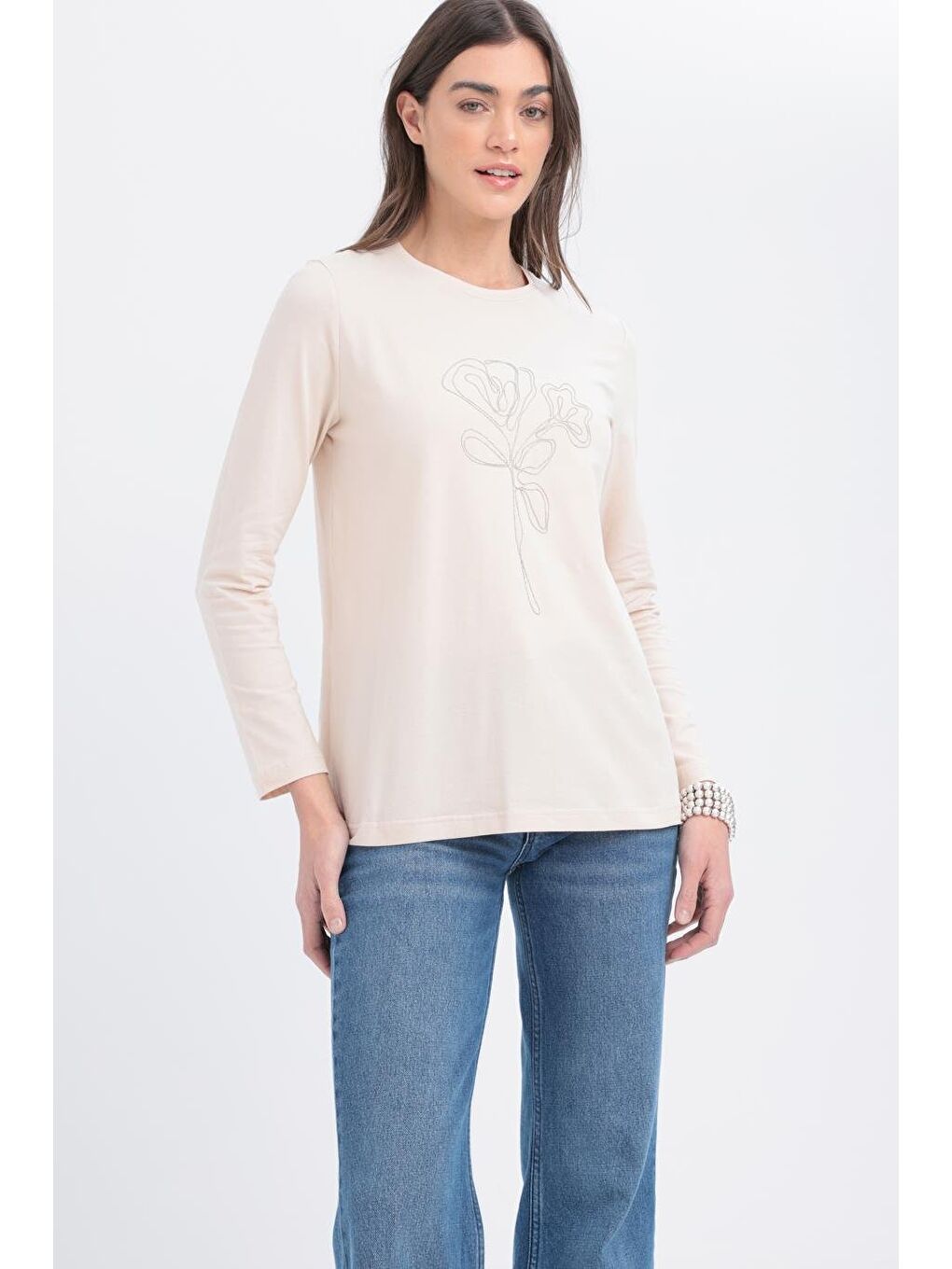 Bej Taş Zincir Nakışlı Uzun Kollu Elastanlı T Shirt