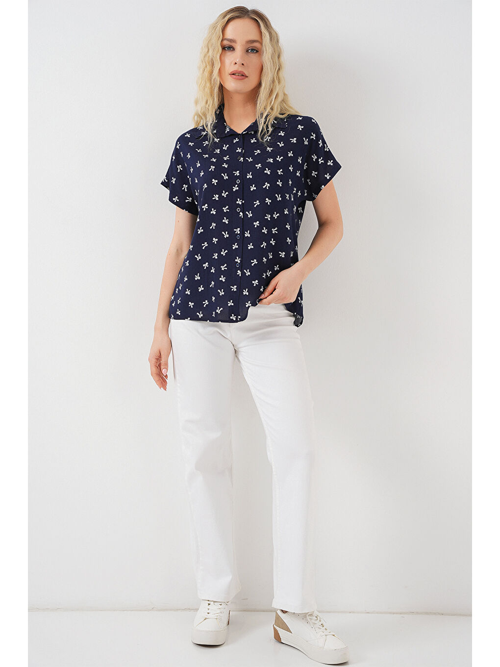 Kadın Kısa Kol Desenli Gömlek 20310 - Lacivert-1