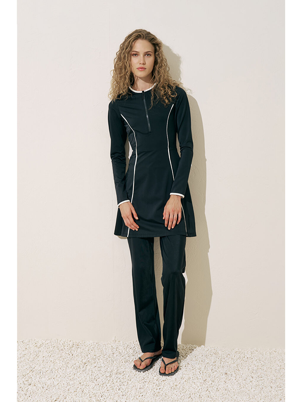 Şerit Detaylı Elbise Mayo Siyah-1