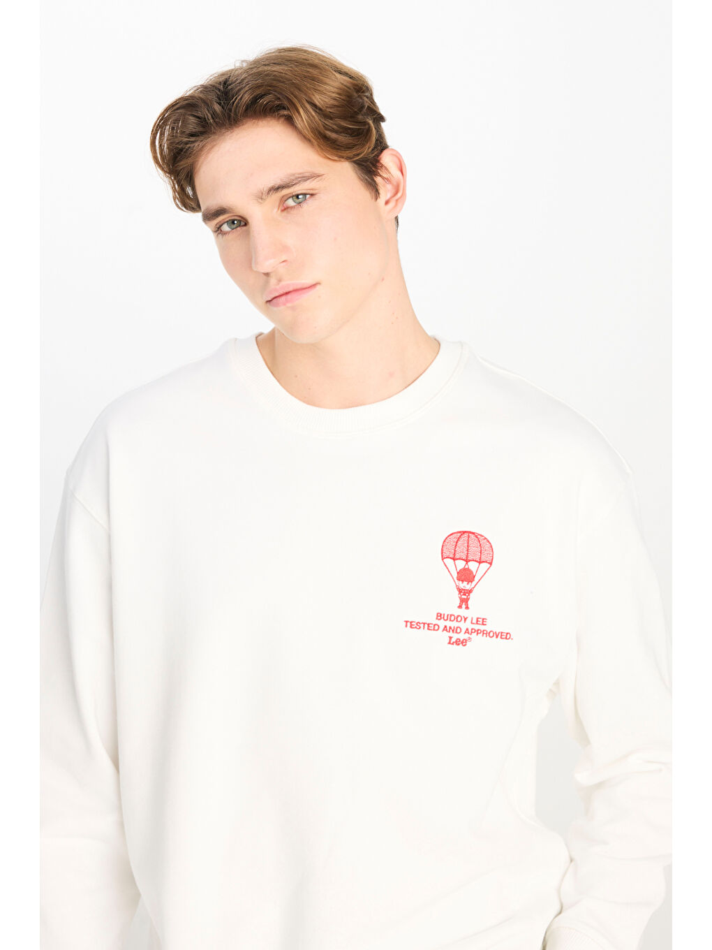 Loose Fit Rahat Kesim Bisiklet Yaka Beyaz Sweatshirt-3