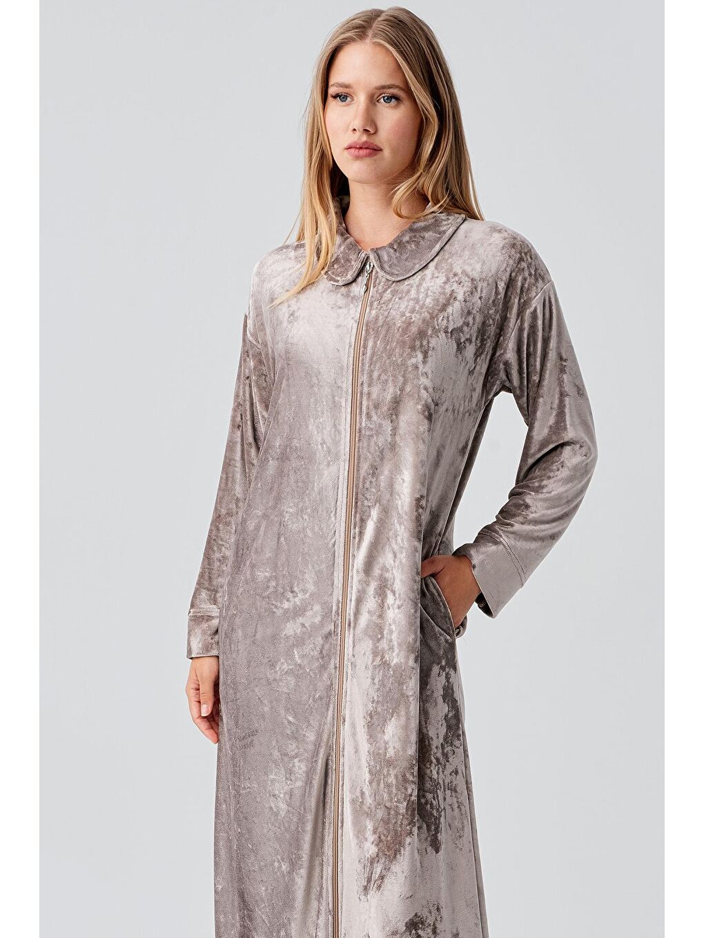 Bej Uzun Kollu Fermuarlı Cepli Esnek Viskoz Kadife Elbise-3