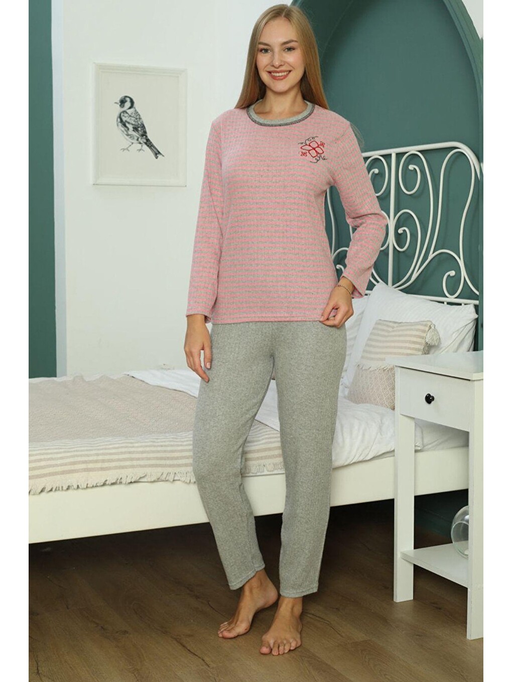 Pembe Büyük Beden Tavşan Baskılı Pijama Takımı-1