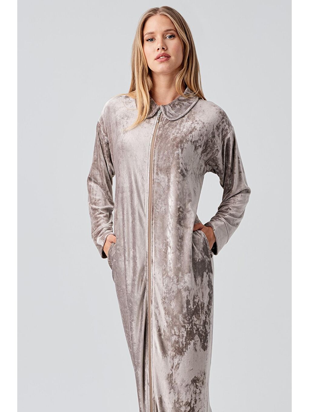 Bej Uzun Kollu Fermuarlı Cepli Esnek Viskoz Kadife Elbise-4