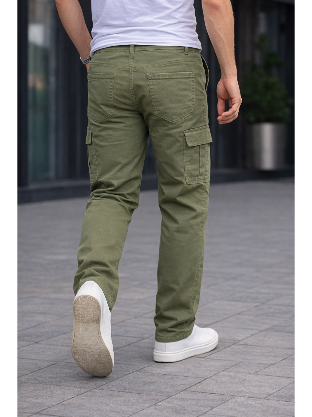 Erkek Trend Bol Paça Günlük Kargo Haki Baggy Pantolon-5