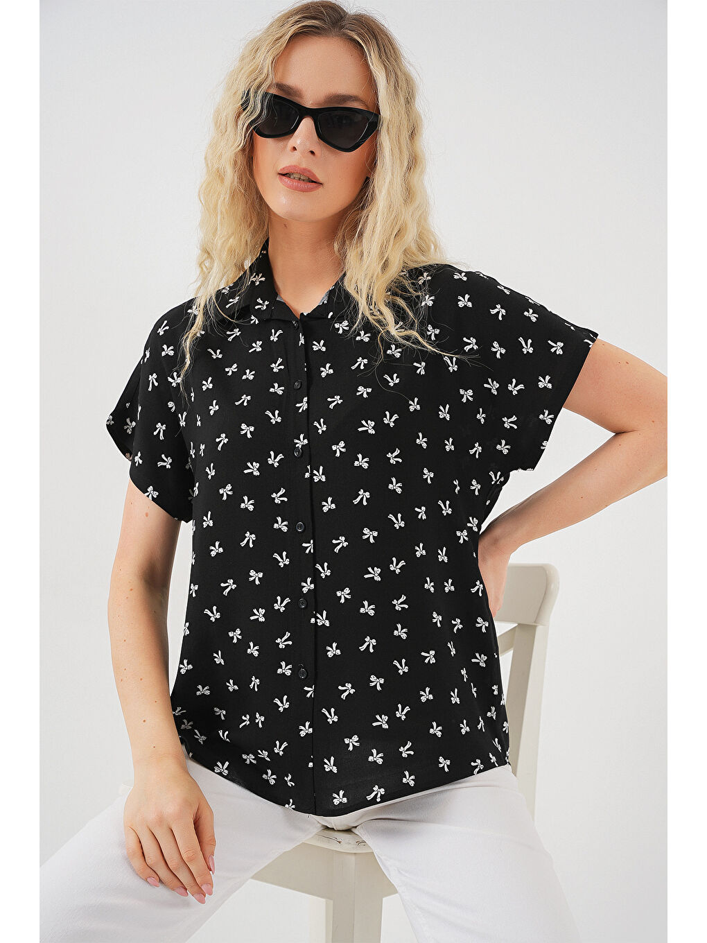 Kadın Kısa Kol Desenli Gömlek 20310 - Siyah