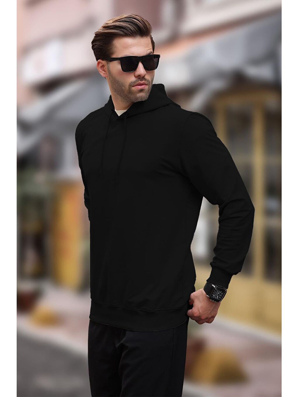 Siyah Kapüşonlu Erkek Sweatshirt 7069